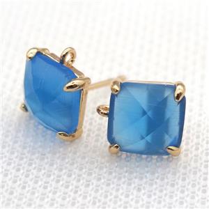 copper square stud Earrings with blue crystal glass, gold plated, approx 9x9mm [FN10140]