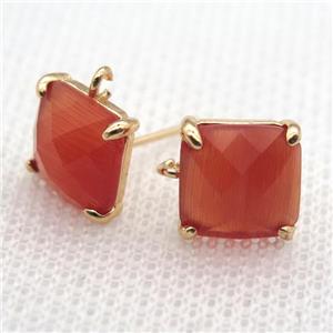copper square stud Earrings with red crystal glass, gold plated, approx 9x9mm [FN10141]