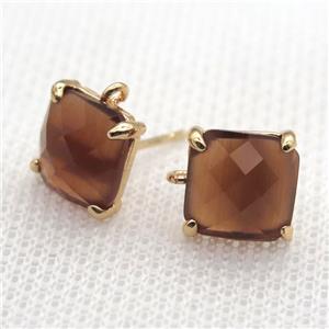 copper square stud Earrings with crystal glass, gold plated, approx 9x9mm [FN10142]