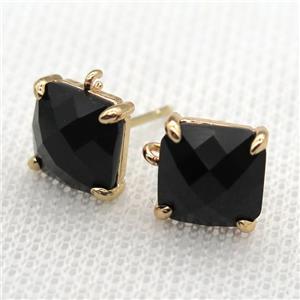 copper square stud Earrings with black crystal glass, gold plated, approx 9x9mm [FN10143]