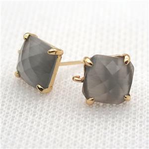 copper square stud Earrings with gray crystal glass, gold plated, approx 9x9mm [FN10144]