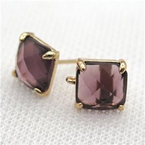 copper square stud Earrings with purple crystal glass, gold plated, approx 9x9mm [FN10145]
