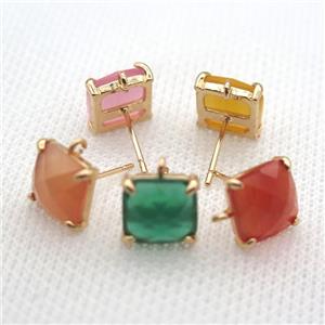 copper square stud Earrings with crystal glass, mixed, gold plated, approx 9x9mm [FN10147]