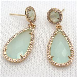 copper teardrop stud Earrings pave zircon with lt.green crystal glass, gold plated, approx 14-25mm, 10mm [FN10148]