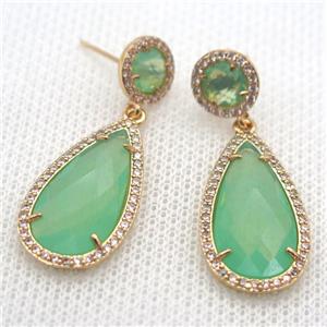 copper teardrop stud Earrings pave zircon with green crystal glass, gold plated, approx 14-25mm, 10mm [FN10149]