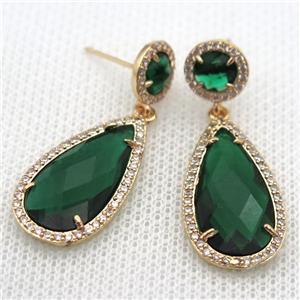 copper teardrop stud Earrings pave zircon with deepgreen crystal glass, gold plated, approx 14-25mm, 10mm [FN10150]