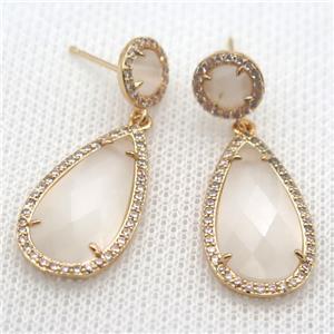 copper teardrop stud Earrings pave zircon with white crystal glass, gold plated, approx 14-25mm, 10mm [FN10151]