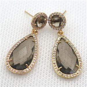 copper teardrop stud Earrings pave zircon with gray crystal glass, gold plated, approx 14-25mm, 10mm [FN10152]