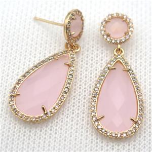 copper teardrop stud Earrings pave zircon with pink crystal glass, gold plated, approx 14-25mm, 10mm [FN10153]