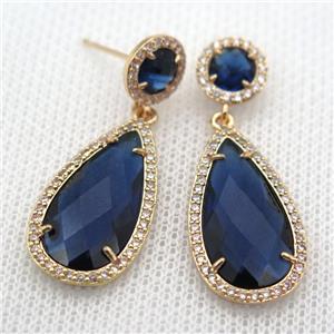 copper teardrop stud Earrings pave zircon with blue crystal glass, gold plated, approx 14-25mm, 10mm [FN10154]
