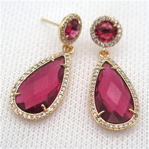 copper teardrop stud Earrings pave zircon with redwine crystal glass, gold plated, approx 14-25mm, 10mm [FN10155]