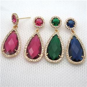 copper teardrop stud Earrings pave zircon with crystal glass, mixed, gold plated, approx 14-25mm, 10mm [FN10156]