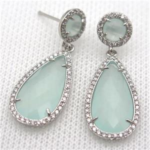 copper teardrop stud Earrings pave zircon with crystal glass, platinum plated, approx 14-25mm, 10mm [FN10157]