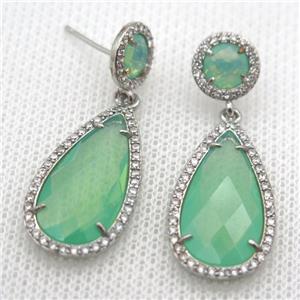 copper teardrop stud Earrings pave zircon with green crystal glass, platinum plated, approx 14-25mm, 10mm [FN10158]