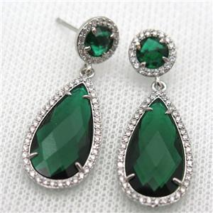 copper teardrop stud Earrings pave zircon with green crystal glass, platinum plated, approx 14-25mm, 10mm [FN10159]