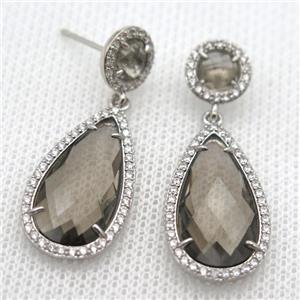 copper teardrop stud Earrings pave zircon with gray crystal glass, platinum plated, approx 14-25mm, 10mm [FN10160]