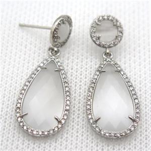 copper teardrop stud Earrings pave zircon with white crystal glass, platinum plated, approx 14-25mm, 10mm [FN10161]
