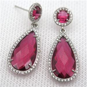 copper teardrop stud Earrings pave zircon with redwine crystal glass, platinum plated, approx 14-25mm, 10mm [FN10162]
