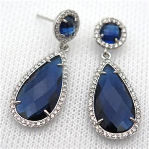 copper teardrop stud Earrings pave zircon with blue crystal glass, platinum plated, approx 14-25mm, 10mm [FN10163]