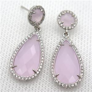 copper teardrop stud Earrings pave zircon with pink crystal glass, platinum plated, approx 14-25mm, 10mm [FN10164]