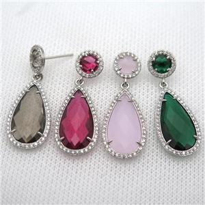 copper teardrop stud Earrings pave zircon with crystal glass, mixed, platinum plated, approx 14-25mm, 10mm [FN10165]
