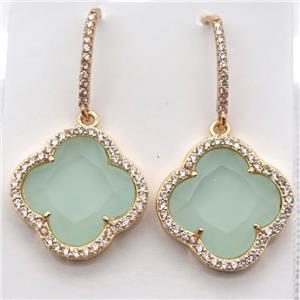 copper clover Hoop Earrings pave zircon with green crystal glass, gold plated, approx 20mm dia [FN10166]