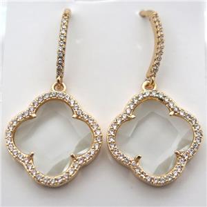 copper clover Hoop Earrings pave zircon with white crystal glass, gold plated, approx 20mm dia [FN10167]