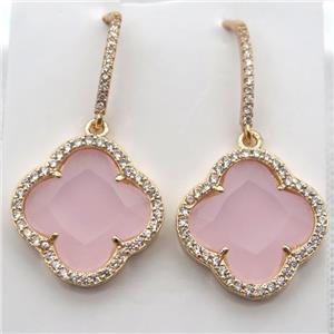 copper clover Hoop Earrings pave zircon with pink crystal glass, gold plated, approx 20mm dia [FN10168]