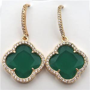 copper clover Hoop Earrings pave zircon with green crystal glass, gold plated, approx 20mm dia [FN10169]