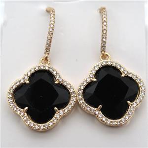 copper clover Hoop Earrings pave zircon with black crystal glass, gold plated, approx 20mm dia [FN10170]