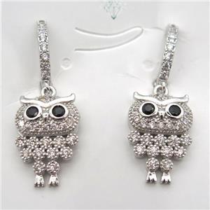 copper owl Hoop Earrings pave zircon, platinum plated, approx 13-18mm [FN10174]