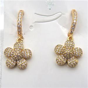 copper flower Hoop Earrings pave zircon, gold plated, approx 14mm dia [FN10177]