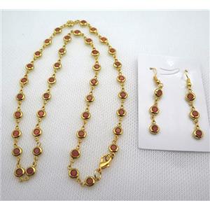 copper Jewelry Sets with orange zircon, gold plated, approx 6mm, 48cm length, earring: 35mm [FN10200]
