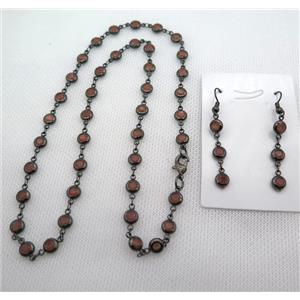 copper Jewelry Sets with orange zircon, black plated, approx 6mm, 48cm length, earring: 35mm [FN10202]