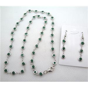 copper Jewelry Sets with green zircon, platinum plated, approx 6mm, 48cm length, earring: 35mm [FN10203]