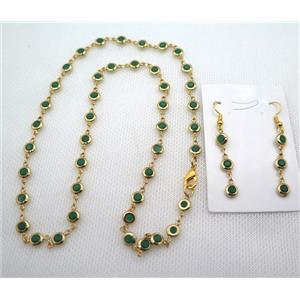 copper Jewelry Sets with green zircon, gold plated, approx 6mm, 48cm length, earring: 35mm [FN10204]