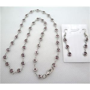 copper Jewelry Sets with purple zircon, platinum plated, approx 6mm, 48cm length, earring: 35mm [FN10205]