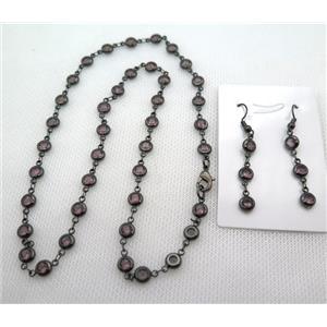copper Jewelry Sets with purple zircon, black plated, approx 6mm, 48cm length, earring: 35mm [FN10208]