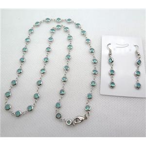 copper Jewelry Sets with green zircon, platinum plated, approx 6mm, 48cm length, earring: 35mm [FN10209]