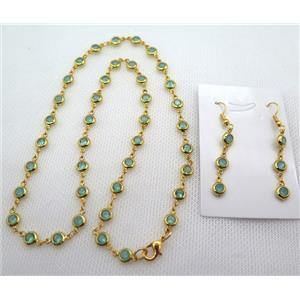copper Jewelry Sets with green zircon, gold plated, approx 6mm, 48cm length, earring: 35mm [FN10210]