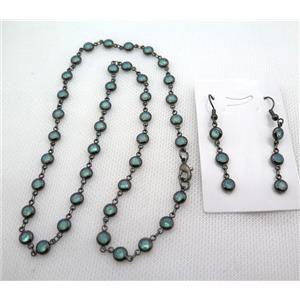 copper Jewelry Sets with green zircon, black plated, approx 6mm, 48cm length, earring: 35mm [FN10212]