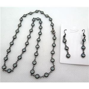 copper Jewelry Sets with zircon, black plated, approx 6mm, 48cm length, earring: 35mm [FN10216]