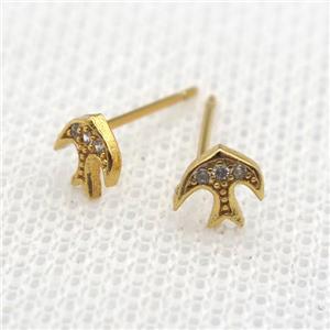 copper Studs Earrings pave zircon, swallow, gold plated, approx 6mm dia [FN10217]