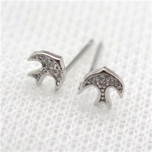 copper Studs Earrings pave zircon, swallow, platinum plated, approx 6mm dia [FN10219]