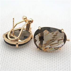 copper clip Earrings with gray crystal glass, gold plated, approx 15-20mm [FN10229]