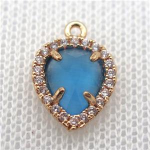 copper teardrop pendant pave zircon with blue crystal glass, gold plated, approx 11-14mm [FN10248]