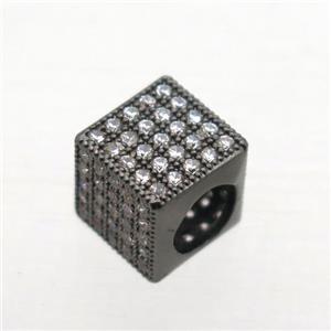 European Style copper beads paved zircon, cube, black plated, approx 8x8x8mm, 5mm hole [FN10275]