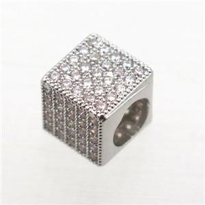 European Style copper beads paved zircon, cube, platinum plated, approx 8x8x8mm, 5mm hole [FN10276]