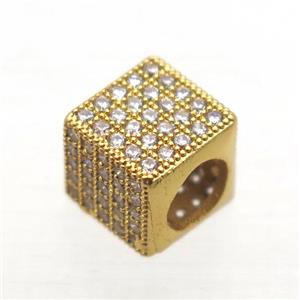 European Style copper beads paved zircon, cube, gold plated, approx 8x8x8mm, 5mm hole [FN10277]