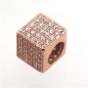 European Style copper beads paved zircon, cube, rose gold, approx 8x8x8mm, 5mm hole [FN10278]